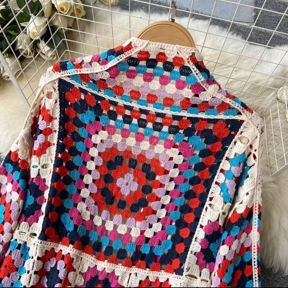 Colorful Crochet Long Length Sweater in Cream or Black - Picture 4 of 10